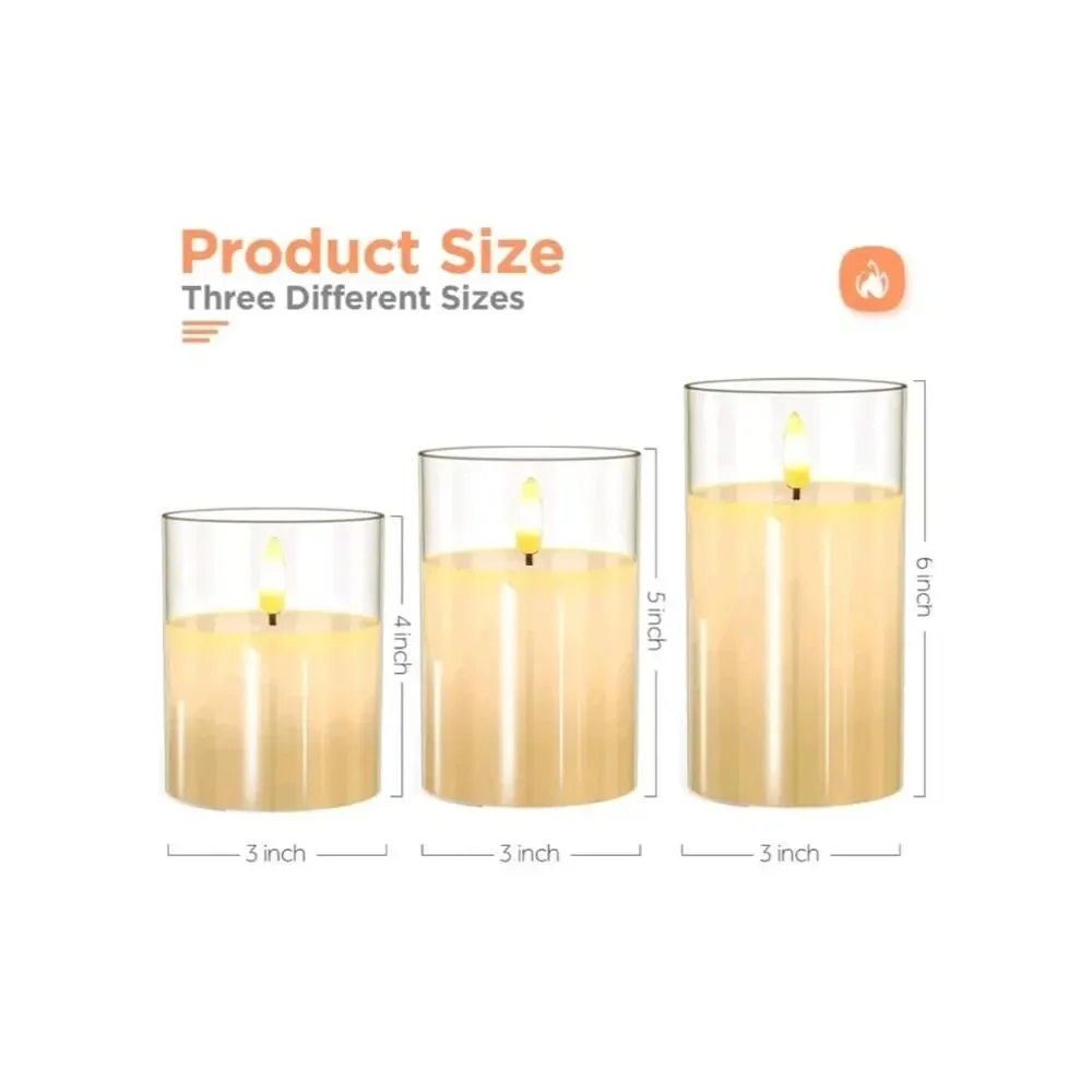 Glass Battery Operated LED Pillar Flameless Candles With10-Key Remote and Timer,